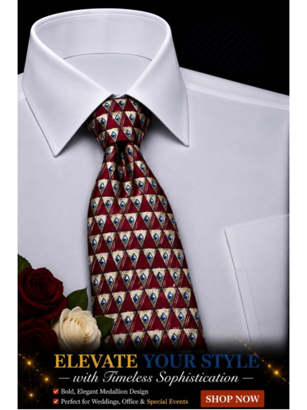 ALBERT NIPON Red White Geometric Medallion Silk Men's Tie One Size